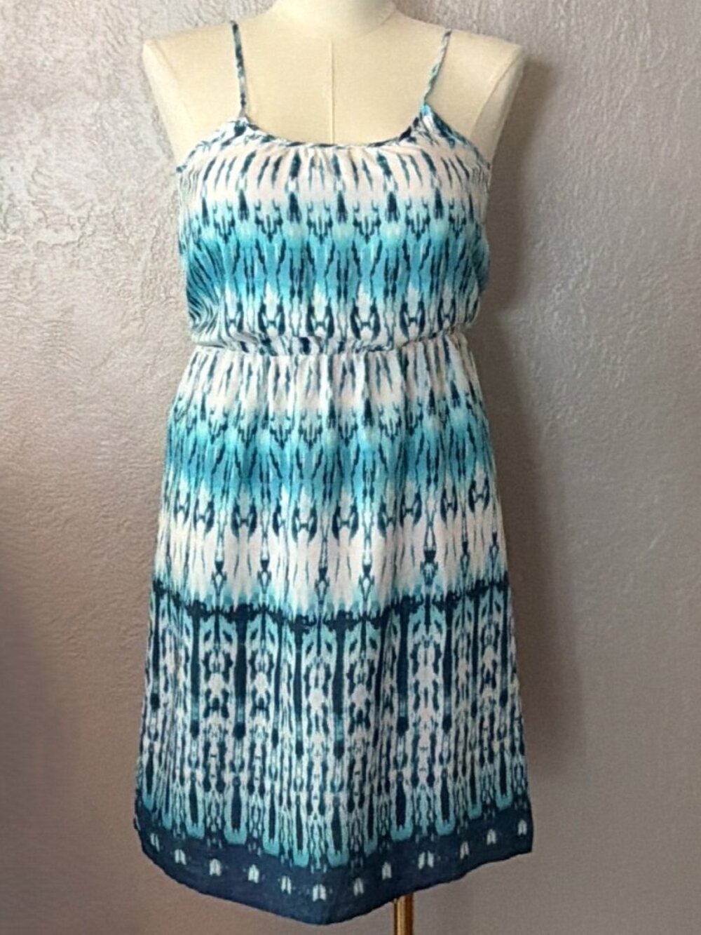 Banana Republic Silk Adjustable Spaghetti Strap Blue Ombre Batik Print Dress Lg